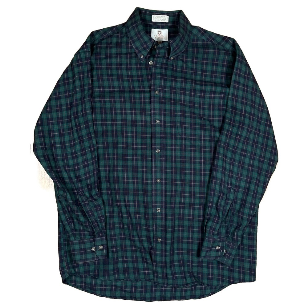 Viyella Plaid Button-Down Shirt Mens Large Green Cotton Wool Blend Vintage